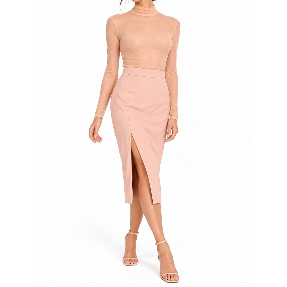 House of CB Hourglass Mesh Pencil Dress Pale Rose Sheer Long Sleeve XS NWT